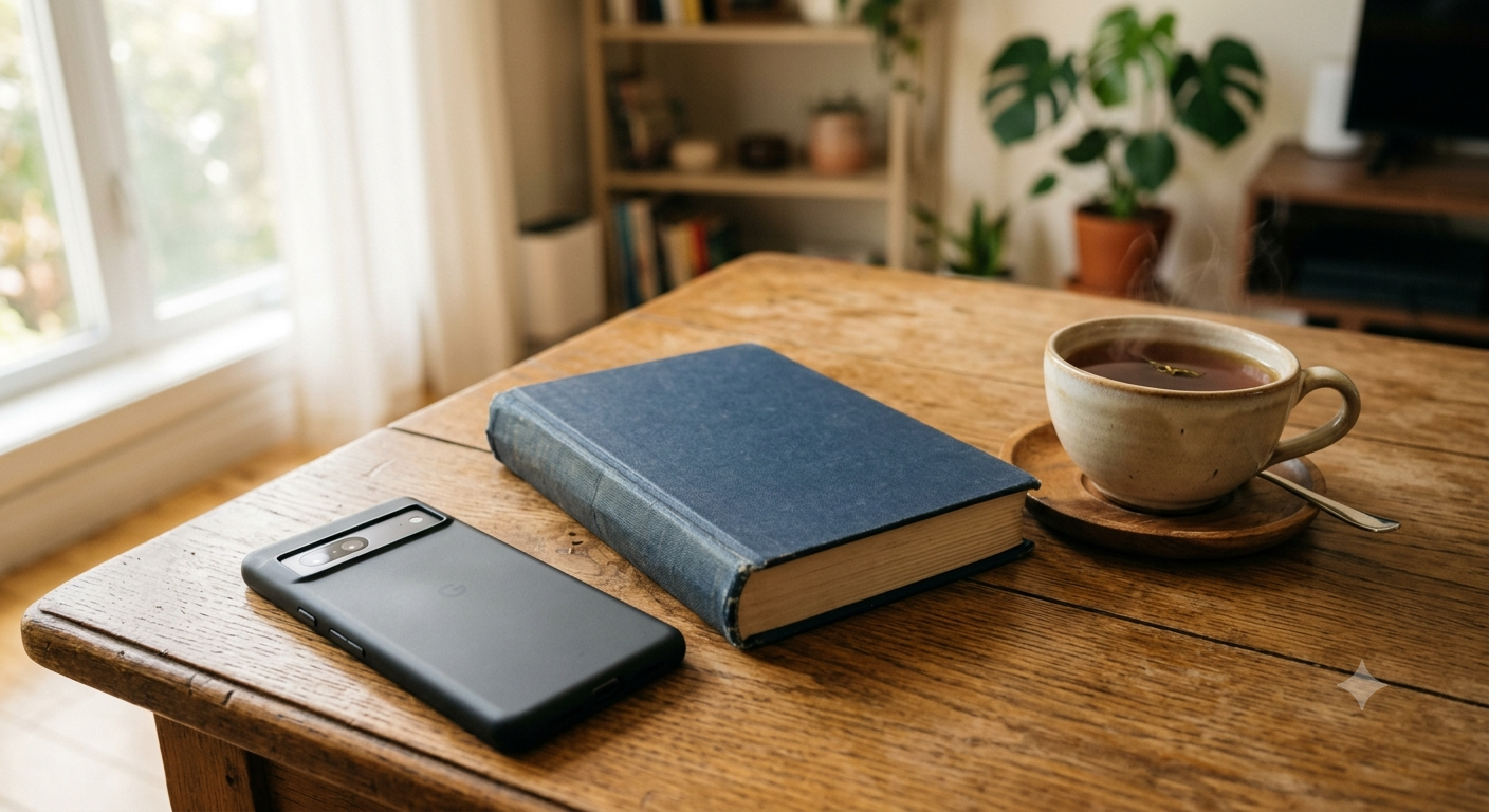 A phone face-down on a table next to a book and a cup of tea