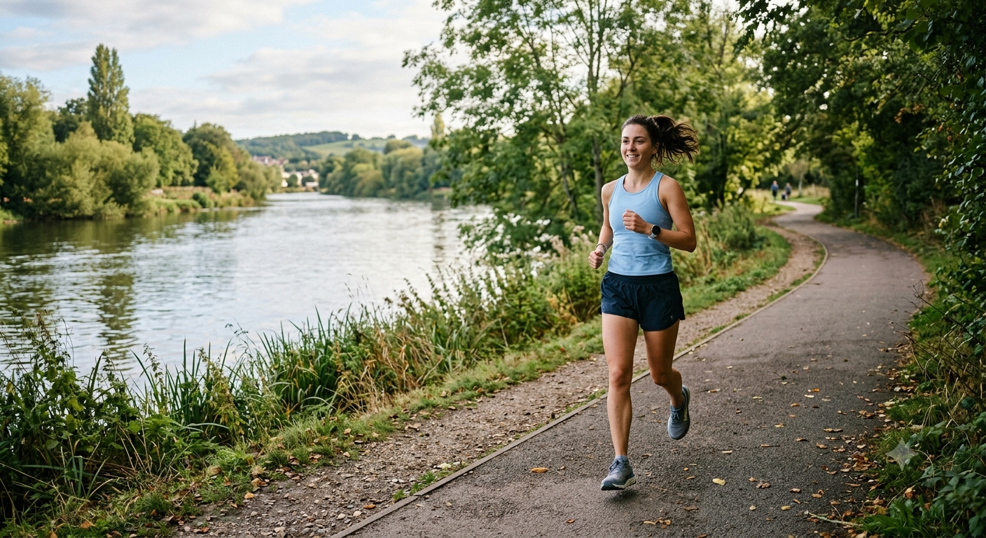 A person jogging at an easy, conversational pace along a riverside path